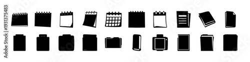 Document and Notebook Silhouette Icon Set - Black silhouette icon collection featuring notebooks, calendars, files, folders, and document pages isolated on white background for office and organization