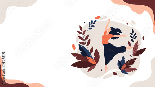 Graceful woman dancing in nature surrounded by autumn leaves and floral elements on a stylish abstract background for wellness.