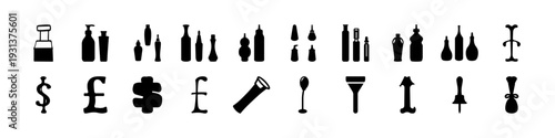 Restaurant and Currency Silhouette Icon Set - Black silhouette icon collection featuring bottles, currency symbols, utensils, cocktail glasses, and restaurant service elements isolated on white backgr