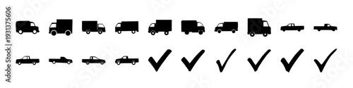 Truck and Delivery Checkmark Silhouette Icon Set - Black silhouette icon collection featuring delivery trucks, cargo vehicles, and checkmark symbols isolated on white background for logistics and appr