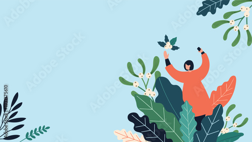 Happy woman in a red dress dancing joyfully among large green leaves and white mistletoe berries on a light blue background.