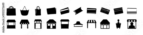 Storefront and Retail Shopping Silhouette Icon Set - Black silhouette icon collection featuring shopping bags, storefronts, awnings, price tags, and retail buildings isolated on white background for