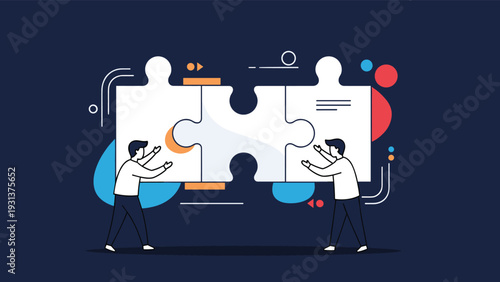 Two business people collaborating to connect two large puzzle pieces representing teamwork problem solving and synergy.