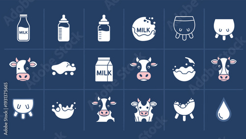 Comprehensive collection of milk icons including cows bottles cartons and dairy products on a dark blue background.