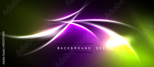 Abstract flowing lines, vibrant colors. Purple, green, yellow blend into dark background. Modern design element.