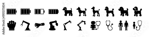 Black Animal and Tool Silhouette Icons - Collection of black silhouette icons featuring animals, hand tools, and industrial elements isolated on white background for design and branding use.