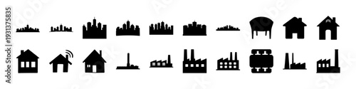 Industrial Factory and Power Plant Icon Set - Black silhouette icon collection featuring factories, power plants, houses, and industrial buildings isolated on white background for manufacturing and en
