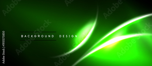 Dark green background features bright neon curves. Modern abstract design with text elements, simple yet dynamic composition.
