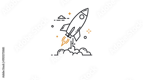 Minimalist line art icon of a space rocket launching into the sky with stars and clouds for startup and innovation.