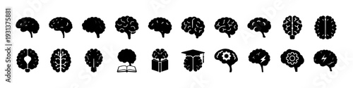 Brain Silhouette Evolution and Intelligence Icons - Black silhouette icon set showing brain shapes, neural concepts, and intelligence symbols isolated on white background for neuroscience and psycholo