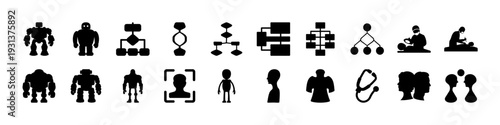 Black Human Figures and Activity Icons Set -Collection of black silhouette human figures and activity icons isolated on white background, representing people, work, sports, and daily life concepts.