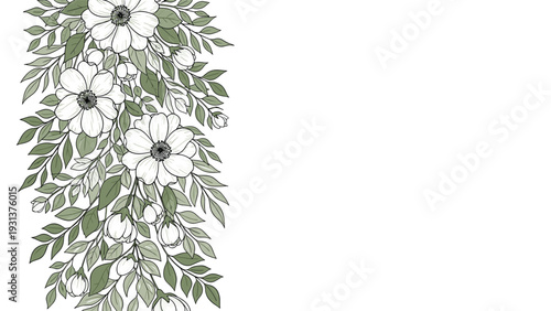 Elegant vertical floral border featuring hand drawn white flowers and green leaves arranged on the left side of a clean white background.