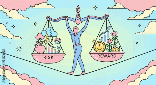 Woman Balancing Risk and Reward Scales.