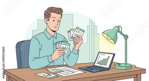 Man holding cash at desk with laptop.