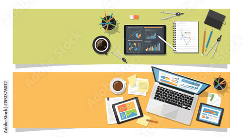 Dual banner design showing top views of organized office desks with laptops, tablets, coffee, and drafting tools on green and orange backgrounds.