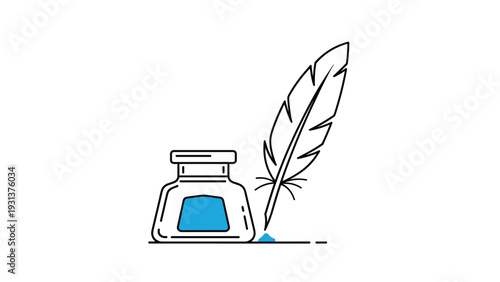 Simple flat icon of a glass inkwell filled with blue ink and a white feather quill pen resting next to it on a white background.