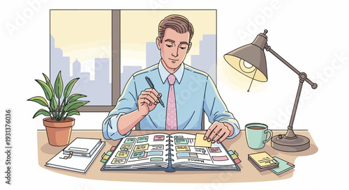Man Reading Book at Desk with Pen.