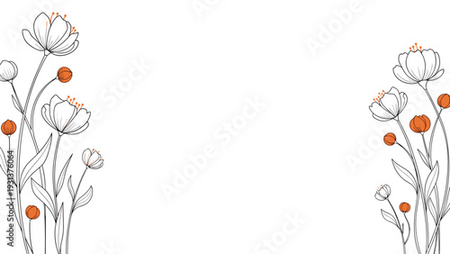 Symmetrical floral design featuring delicate white and orange poppy-like flowers with thin line art stems on both sides of a white background.