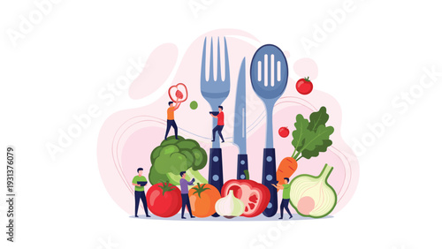 Creative illustration of tiny people working together around giant vegetables, fruits, and kitchen utensils like a fork, spoon, and knife.