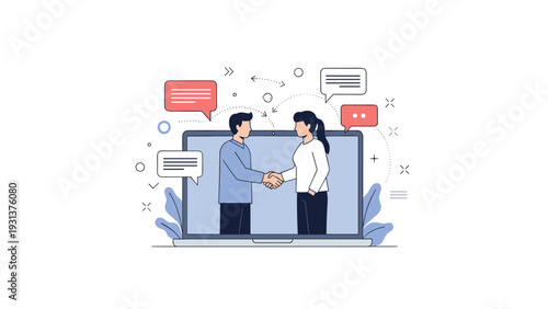 Conceptual illustration of digital business collaboration showing two people shaking hands through a laptop screen with chat bubbles.