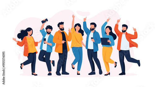 Large group of diverse and joyful young people dancing and celebrating together against an abstract pink and white background.