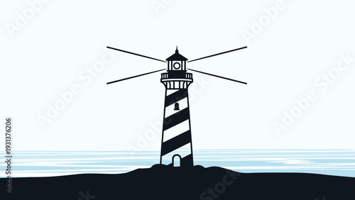Striking lighthouse illustration illuminating the coastal landscape at night with strong light beams stretching across the sky.