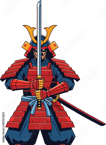 Illustration of a samurai warrior standing confidently holding a sword, dressed in traditional red armor, with a strong, bold stance and a determined expression
