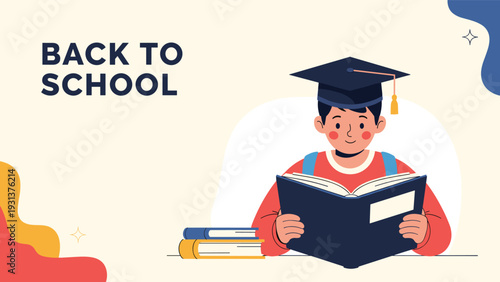 Dedicated graduate student wearing a graduation cap while reading an open book for academic success and higher education.