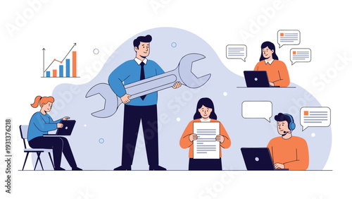 Maintenance and technical support team working together with a giant wrench symbol to solve complex business problems.