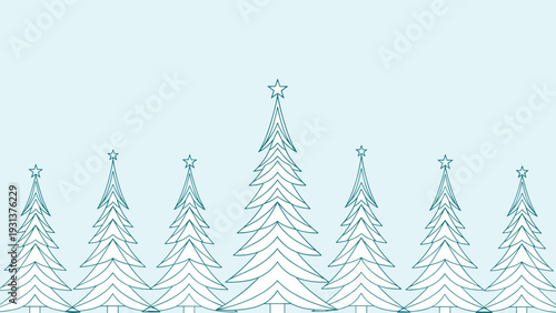Minimalist holiday pattern featuring rows of simple outline christmas trees with stars on a light blue background.