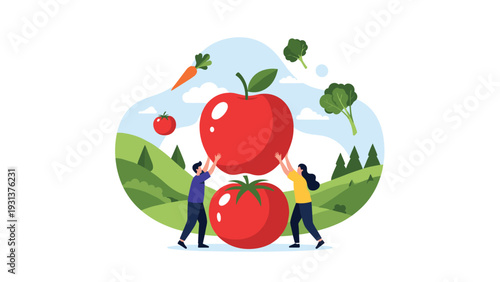 Healthy lifestyle illustration featuring people holding giant fruits and vegetables in a green rural landscape for nutrition.