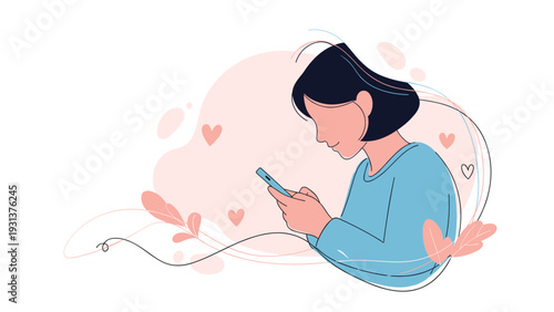 Happy woman using her mobile phone for social connection or dating apps with floating heart icons in the background.