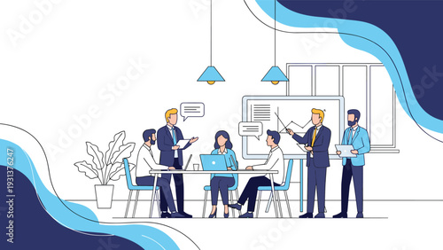 Corporate team gathering in a modern meeting room to discuss business strategies and analyze performance charts.