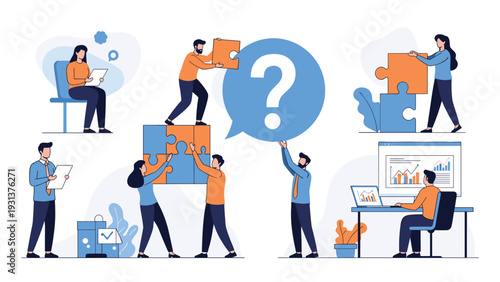 Collaborative team working together to solve a problem by assembling puzzle pieces around a large question mark.