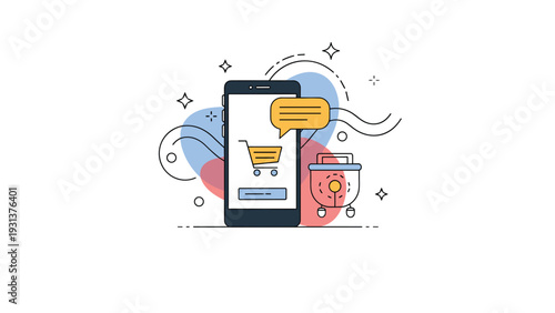 Modern mobile commerce concept featuring a smartphone screen with a shopping cart icon surrounded by abstract shapes and icons.
