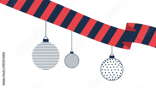 Stylized christmas baubles in blue and white hanging from a bold red and navy blue striped ribbon on a white background.