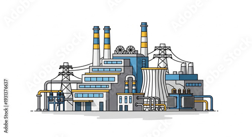 Industrial Factory with Chimneys and Equipment.