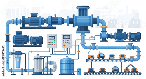 Industrial water pump system with pipes and controls.