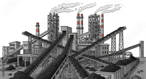 Industrial Factory with Conveyors and Smokestacks.