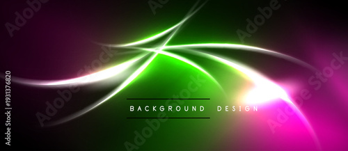 Abstract vibrant design features flowing lines. Green, pink, white hues create dynamic visual effect. Dark background emphasizes luminosity.
