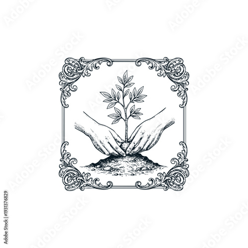 Vintage engraving illustration of human hands planting a young tree sapling into the soil inside an ornate decorative frame.