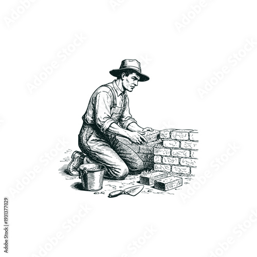 Vintage engraving illustration of a professional bricklayer kneeling down to build a brick wall with traditional construction tools.