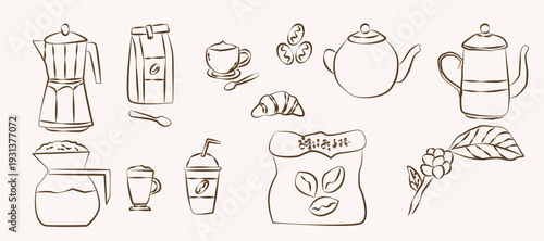 Hand drawn doodle coffee elements, Minimalist line art.