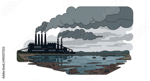 Industrial Factory Polluting River Water.