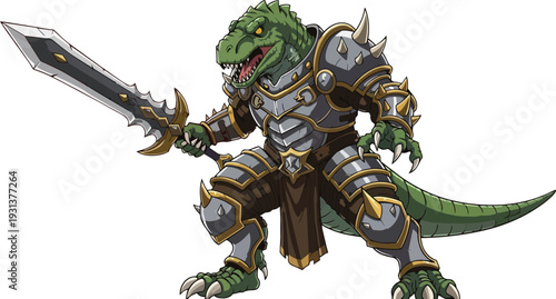 A green armored lizard warrior holding a large sword in a fighting stance on a white background from a frontal viewpoint
