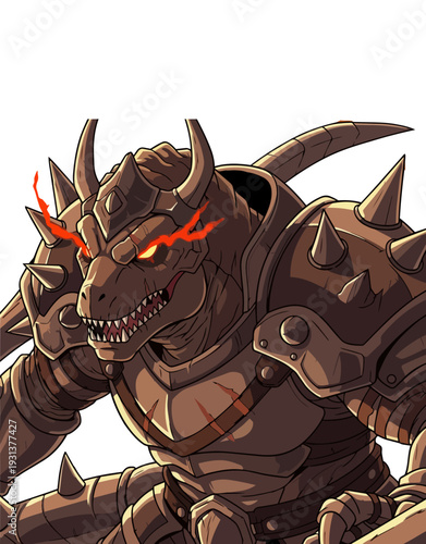 A heavily armored, mechanized dragon roars with glowing red eyes in a dynamic digital illustration