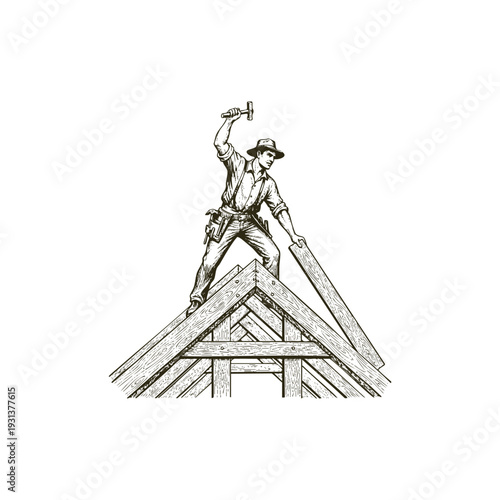 Vintage engraving illustration of a professional carpenter or roofer working on a wooden house roof structure with a hammer.