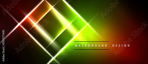 Abstract neon lights form geometric shapes. Vibrant gradients blend red, green, yellow hues. Dark background emphasizes bright lines.