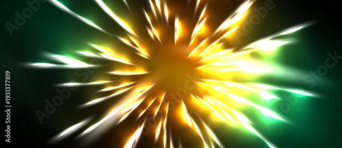 Bright explosion radiates outward. Yellow, white, green hues dominate dark background. Intense energy, dynamic visual effect.