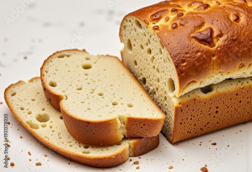Close-up of Artisan Sliced Bread with Golden Crust Featuring Airy Texture and Rustic Appearance on White Background with Crumbs